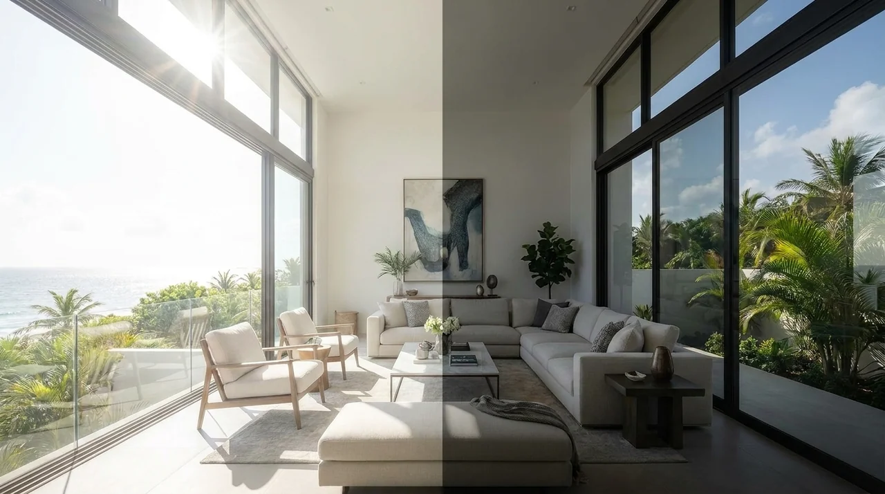 Antes y después — ventana con película humo de control solar Riviera Film Solutions