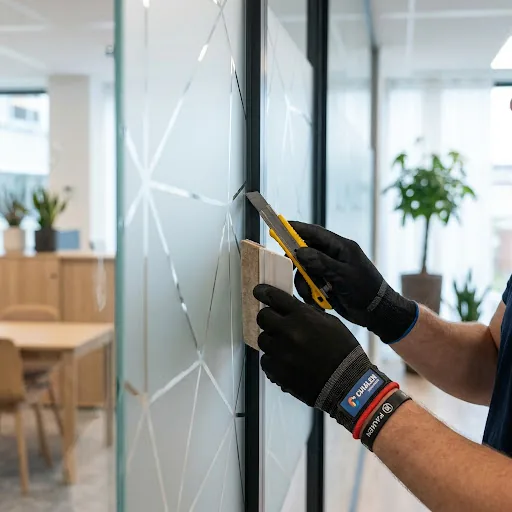 Instalación de película decorativa esmerilada en vidrio de oficina