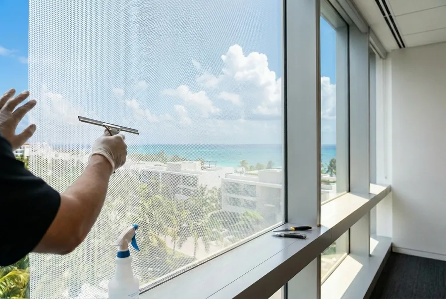 Aparador de tienda en Playa del Carmen con película microperforada impresa a todo color