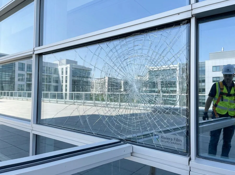 Película de seguridad anti-astillable en ventana comercial