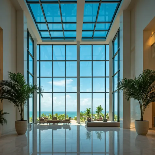 Azure Resort Playa del Carmen — lobby con película solar en muro cortina de vidrio