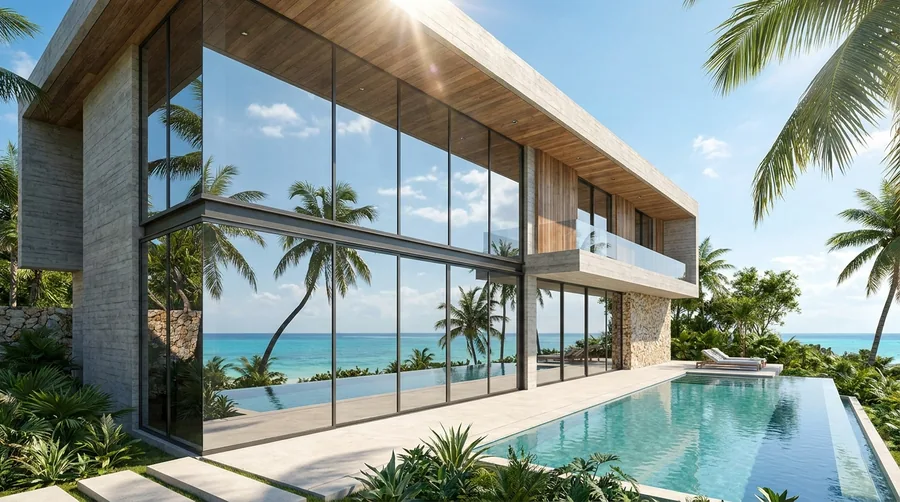 Residencia Tulum — sala con Efecto Espejo Clear Vision en ventana panorámica